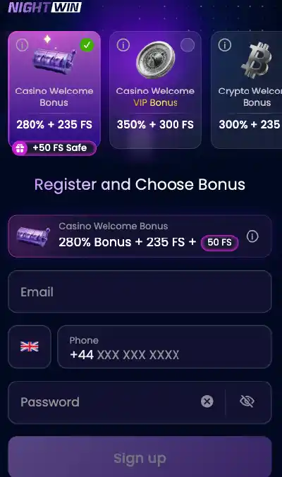 NightWin Casino login form